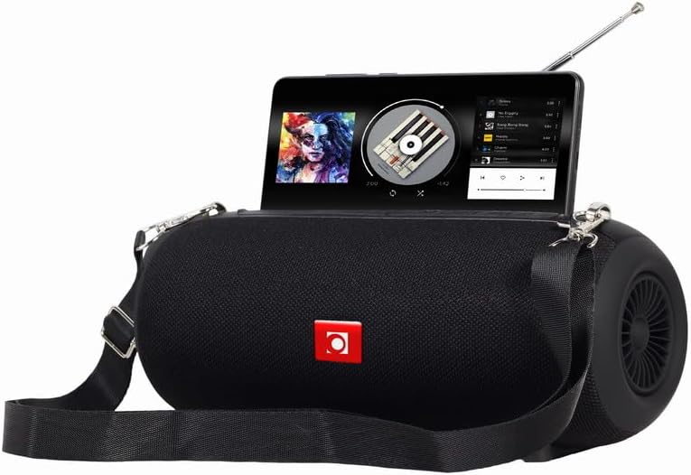 Gembird SPK-BT-17 Portable Bluetooth Speaker with a tablet inserted into the top holder, antenna extended.