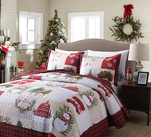 MarCielo 3 Piece Christmas Quilt Set, Rustic Lodge Deer Quilt Bedspread Throw Blanket Lightweight Bedspread Coverlet Comforter Set BY013 (King) - Thumbnail 4