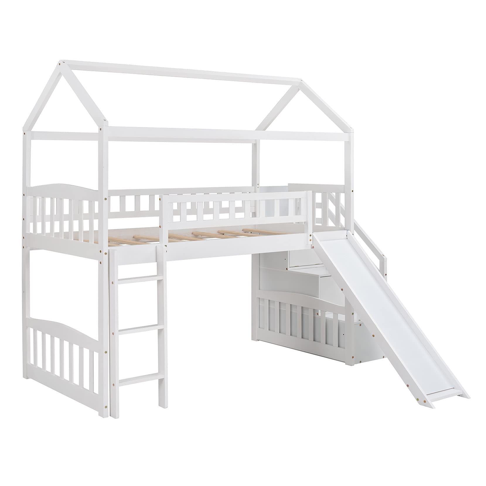 Twin Loft Bed with Slide and Storage, House Loft Bed with Stairs and Roof, Wood Loft Bed Frame