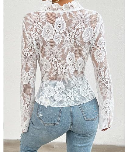 Image of xxxiticat Women's Long Sleeve Lace Top V Neck Ruffle Trim Hollow Out Front Open See Through Floral Tie Up Cardigan Shirt