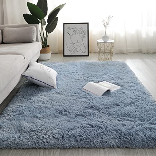 Swsen Tapis Salon Shaggy Longs Super Doux - Tapis Shaggy Moelleux Dessous Antidérapant - Tapis Chambre Moderne Lavable à Poils Longs 50 x 80 cm, Bleu Mer