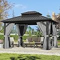 Aoxun 12'x10' Hardtop Gazebo, Aluminum Frame Permanent Pavilion with Curtains and Netting, Outdoor Galvanized Double Roof Canopy, Designed for Garden, Lawns, Patio (Black/Grey)