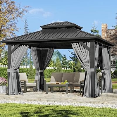 Aoxun 12'x10' Hardtop Gazebo, Aluminum Frame Permanent Pavilion with Curtains and Netting, Outdoor Galvanized Double Roof Canopy, Designed for Garden, Lawns, Patio (Black/Grey)