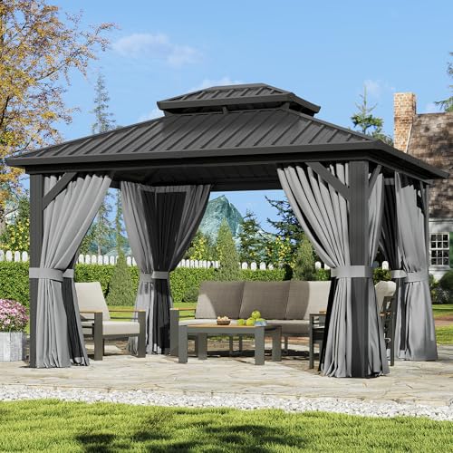 Aoxun 12'x10' Hardtop Gazebo, Aluminum Frame Permanent Pavilion with Curtains and Netting, Outdoor Galvanized Double Roof Canopy, Designed for Garden, Lawns, Patio (Black/Grey)