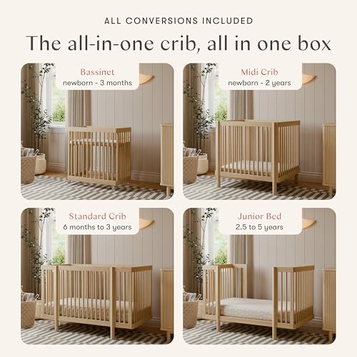 Image of Babyletto Pogo Convertible All-Stages Bassinet, Midi, Full-Size Crib in Blonde, GREENGUARD Gold Certified, Portable & Adjustable with Conversion Kits and Pads Included