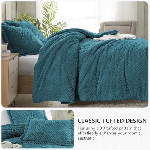 Image of Homelike Moment Fluffy Queen Comforter Set - Teal Blue Warm Comforters for Winter Queen Size, Comforter Full Size Bed Set 3 Piece