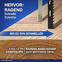 FALKENWALD® Stichsägeblätter Holz 10x T344D – High Speed Wood - Extra lang (152 mm) für tiefe Schnitte bis 100 mm - T-Schaft, HCS, 6 TPI - Für Weichholz, Hartholz, MDF, OSB, Laminat – Ansicht 5