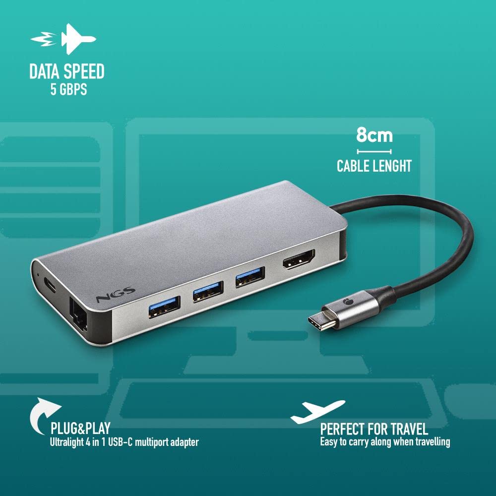 NGS WONDER DOCK 8-8 w 1, hub USB-C, adapter wieloportowy (USB 3.0, USB-C, z ładowaniem PD, HDMI, czytnikiem kart SD/TF oraz LAN - RJ45). Kompatybilny z urządzeniami z USB-C