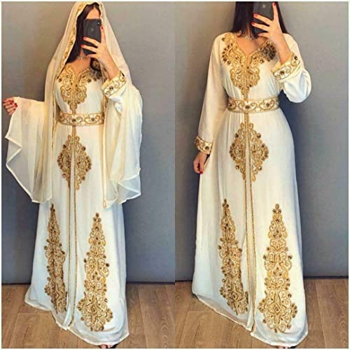 Moroccan White Dubai Kaftans Abaya Dress Very Fancy Long Modern Farasha Gown Islamic Dress By Zari Works (L) #TOP2