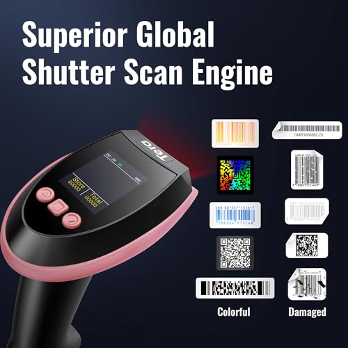 Image of Tera Barcode Scanner Wireless with Screen: Pro Version 1D 2D QR with Setting Keypad Charging Cradle Works with Bluetooth 2.4G Wireless USB Wired Handheld Bar Code Reader HW0009 Pink