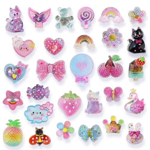 30PCS Cute Shoes Charms Kit Shiny Resin Flower Gummy Bears Cherry Daisy Rose Rainbow Strawberries Mermaid Cat Pineapple Shoes Decoration Charms for Women Party Favor Gifts (1-multicolor-30pcs)