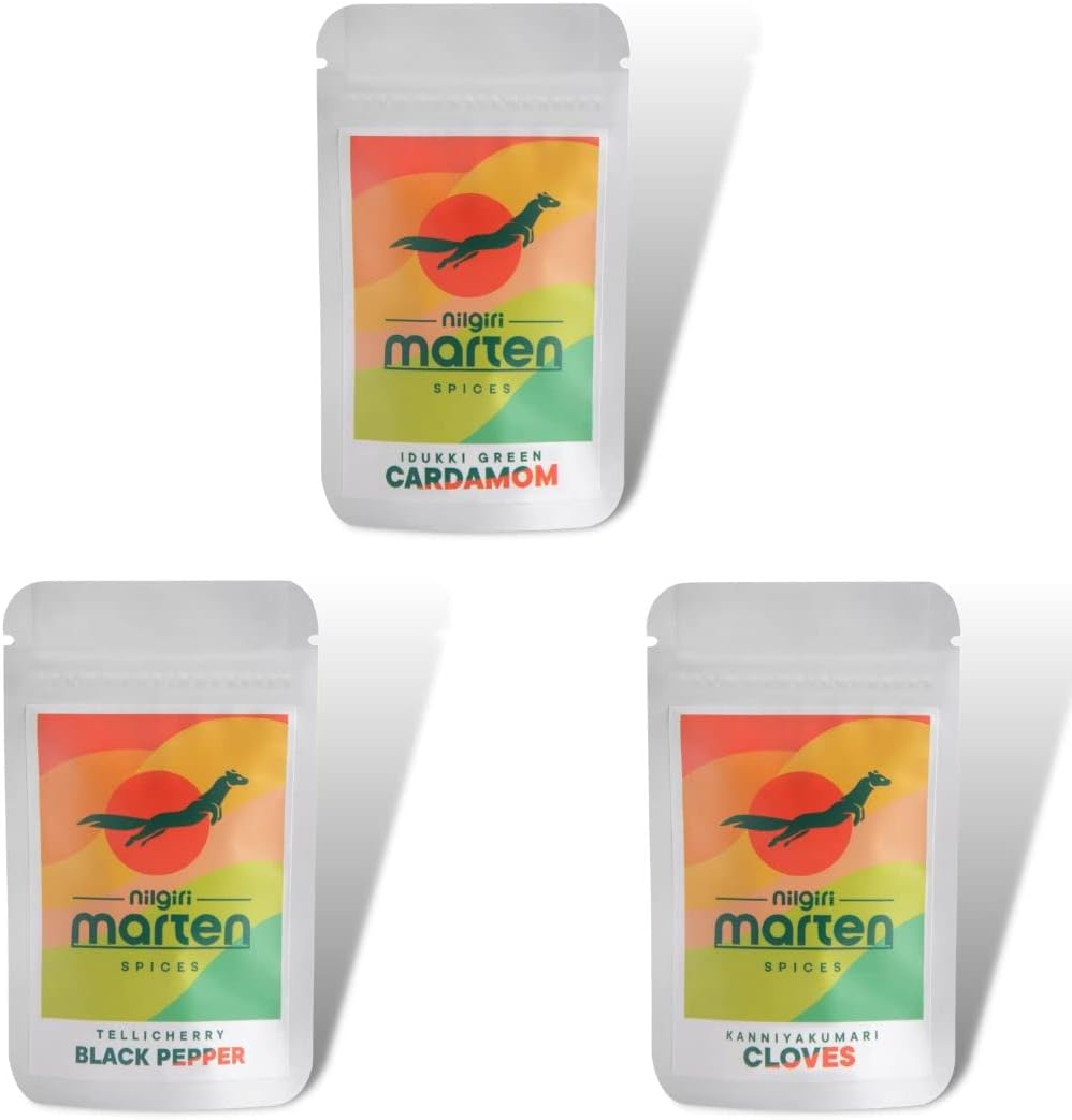 Nilgiri Marten Spices Idukki Green Cardamom, Tellicherry Pepper Bold & Kanniyakumari Cloves, (Pack Of 3),60 Grams