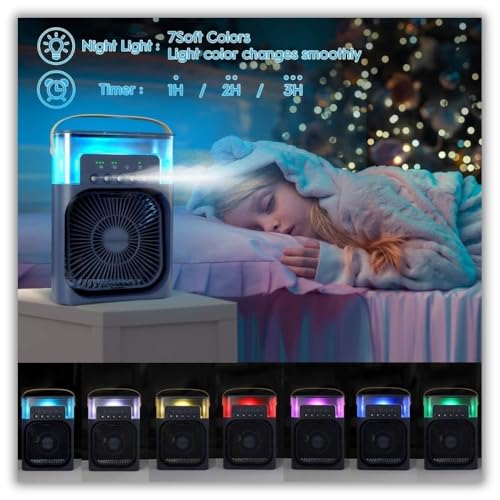 Image of DRUMSTONE Luxurious 5 Year Warranty Portable Mini Air Cooler with Humidifier & Mist Spray 3-Speed Personal Desk Fan 7-Color LED Night Light Timer Function USB Evaporative Cooling Fan for Home & Office