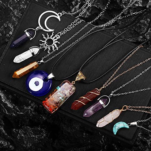 Sunnyouth 9 Pcs Hexagonal Crystal Pendant Necklaces For Women Girls Chakra Healing Carnelian Necklace Turkish Lucky Evil Eye Necklace #TOP3