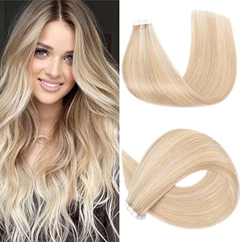 S-noilite 20Pcs Tape in Hair Extensions Human Hair Real Natural Remy Straight Seamless Skin Weft Hair Extensions for Women (12 Inch,#18/613 Ash Blonde Mix Bleach Blonde)