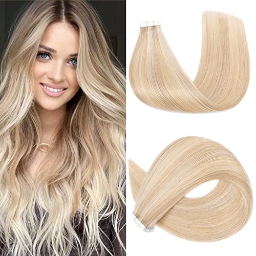 S-noilite 20Pcs Tape in Hair Extensions Human Hair Real Natural Remy Straight Seamless Skin Weft Hair Extensions for Women (16 Inch,#18/613 Ash Blonde Mix Bleach Blonde)