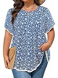 Womens Plus Size Tops Summer Trendy Short Bell Sleeve Scoop Neck Peplum Peasant Blouses Double Layered Chiffon Breathable Boho Festival Vacation Concert Tunic Tops, Blue White Flower, XXL