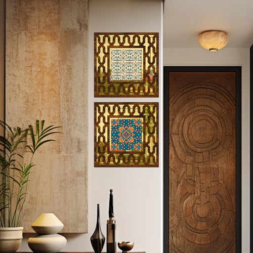 Image of Wooden Turkish Pattern Mirror Wall Decor Panel for Home Decor Living Room Bed Room Office (AD6, 12X12 Inches, Set of 2)