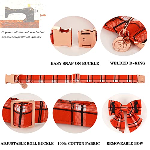 Image of DOGWONG Fall Dog Collar with Sailor Bow tie, Orange Plaid Dog Collar Soft Durable Adjustable Cotton Dog Collar for Small Medium Large Dog