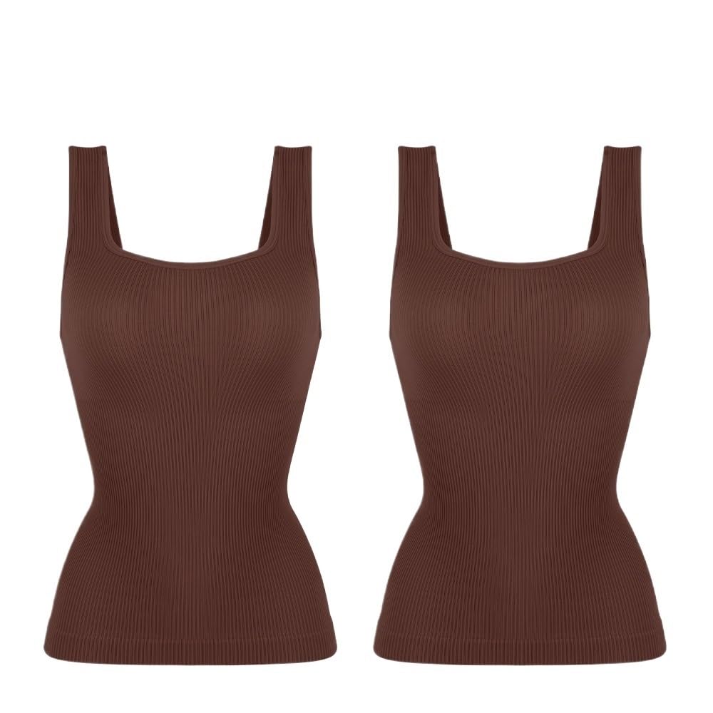 Hyfeuokf Women's 2Pcs Brown Body Shapewear Vest Top Tummy Control Tank Top Compression Tanks For Square Neck Seamless Body Shaper Camisole Cami Tops For Tummy Control(,Xxxl)