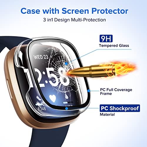 ivoler Compatible with Fitbit Versa 3/Sense Screen Protector, 4 Pack- Hard PC Tempered Glass Case Bumper Cover Compatible for Fitbit Sense/Versa 3 Smartwatch Bands Accessories-Clear+Black+Blue+Gray