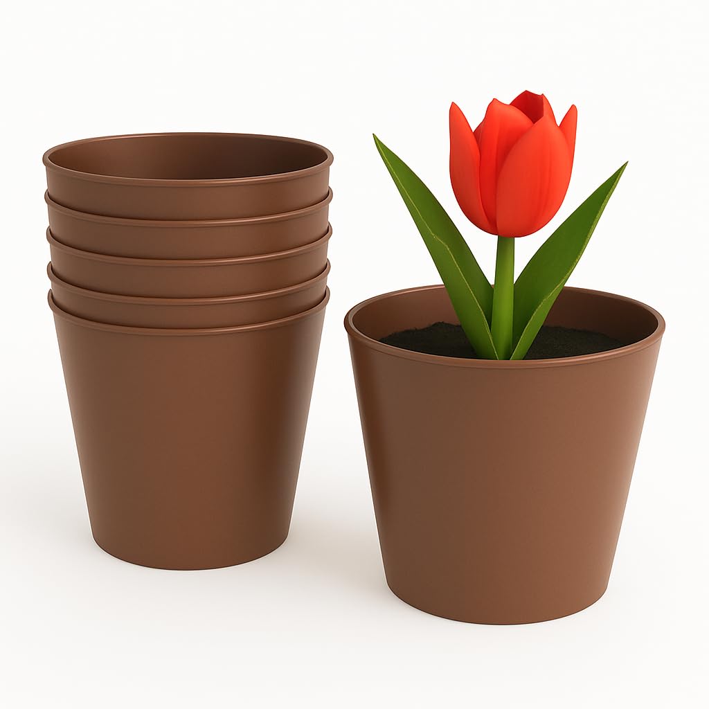 Home Garden Ornaments Plant Pots Indoor 6pcs Glossy Decorative Plastic Flower Pots, Vibrant Decorative Pots (Mocha, 20 cm / 7.9 in)