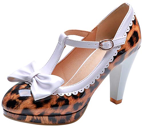 KOKOMOMO Womens Print T-Strap Pumps Bow Mary Jane High Heels Platform Shoes