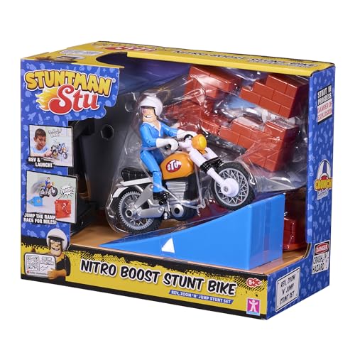 BANDAI, Stuntman STU Moto Acrobática Nitro Boost, Moto de Juguete Desmontable con Rampa de Lanzamiento, Pared de Ladrillos y Figura de Acción, App con Efectos, Multicolor, COSS8201