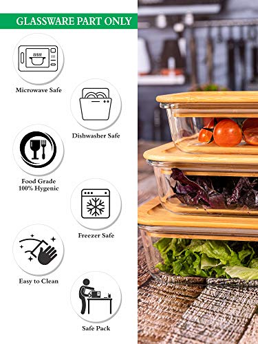Image of Goodhomes Rectangular Glass Food Storage Containers with Air Tight Wooden Lid Set of 3-360ml, 580ml, 900ml