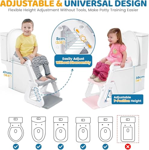 KALEDE Potty Training Seat & Toddler Step Stool, Ultimate Stability Toddler Toilet Seat, Adjustable Step & Seat Height Potty Seats for Toddlers Boys Girls (Grey Potty Training Seat B)