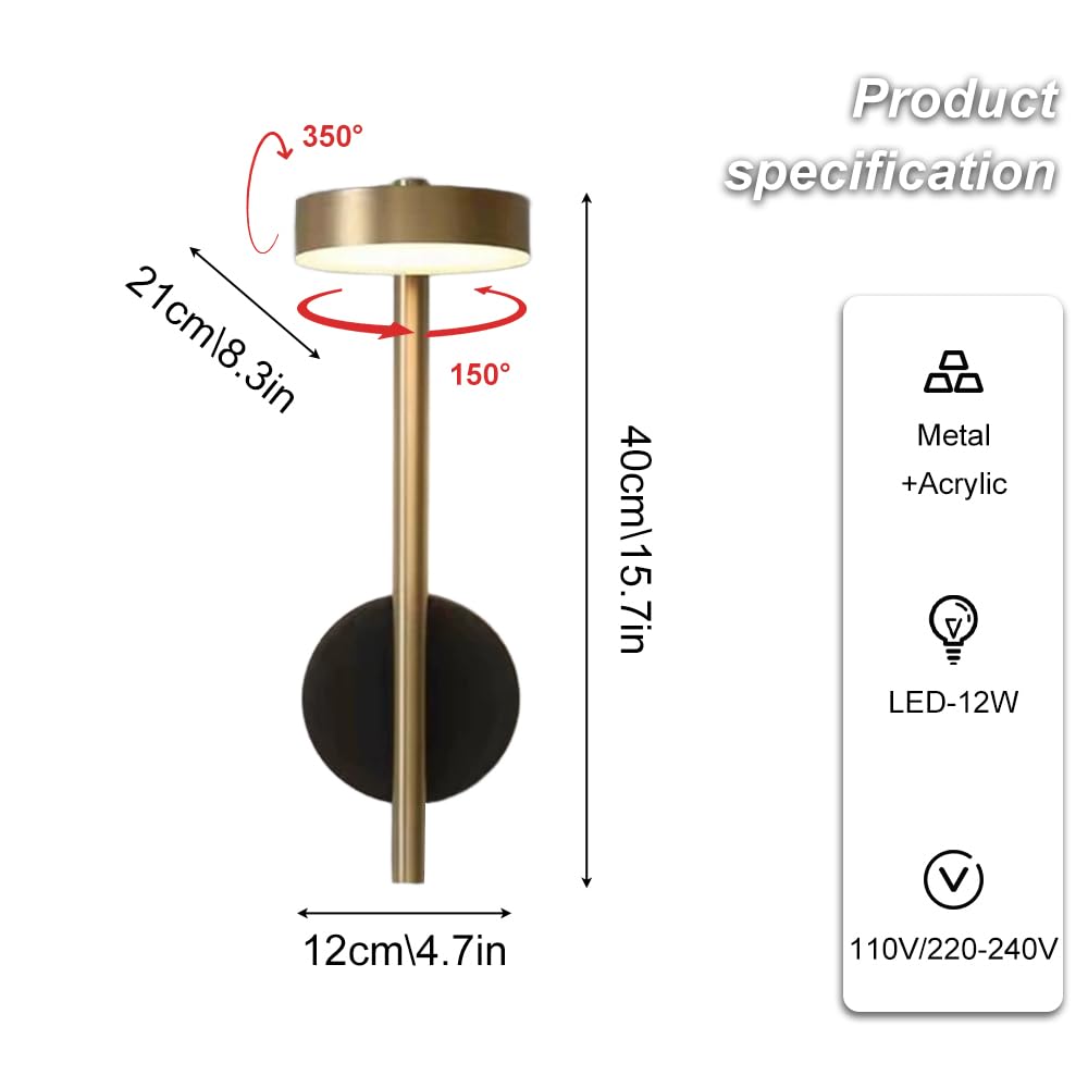 Regulowana lampa do czytania, długa metalowa lampa ścienna z akrylowym kloszem, lampka nocna, żarówki LED 7 W, 3000 K, nowoczesne i minimalistyczne oświetlenie do sypialni