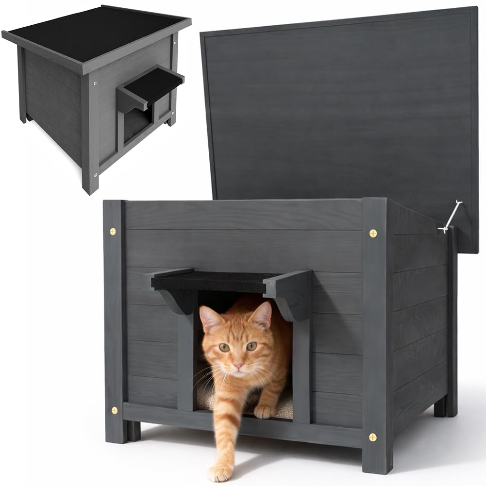 BAKAJI Cuccia per Animali Domestici Grigia in Legno, Casetta per Cani e Gatti con Tetto Apribile, Casa, Esterno Interno Resistente Intemperie e Agli Agenti Atmosferici, Tettoia Asfaltata, 60x58x47cm