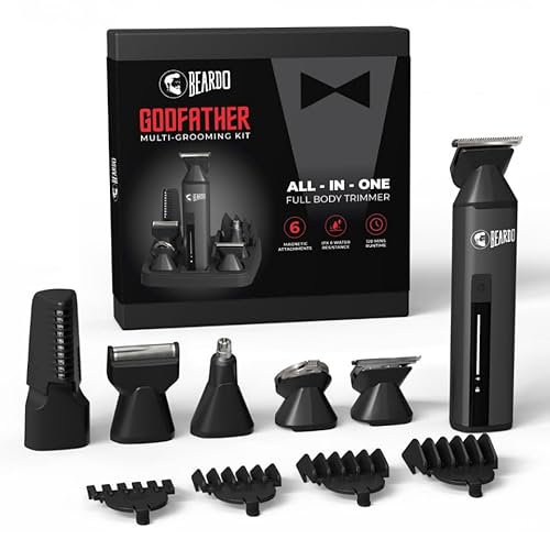 BEARDO Godfather Premium Trimmer Kit for Men | Full Body Grooming Kit with 6 Magnetic Attachments | 8000 RPM Motor, 120 Min Runtime, Travel Lock | Self-Sharpening Blades, Aluminium Body