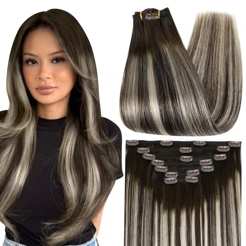 Image of Full Shine Clip in Extensions Real Human Hair Dark Brown Ombre, 20 Inch | Invisible Clip in Hair Extensions Human Hair, Dark Brown Balayage Blonde, Remy Hair Extensions, 7 Pcs 120g