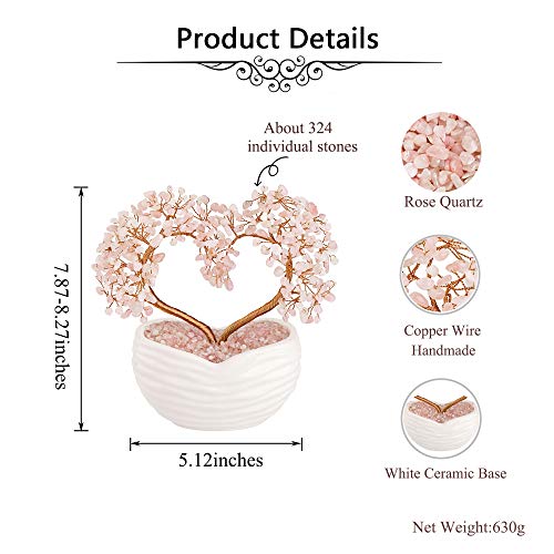 Jovivi Rose Quartz Crystal Heart Money Tree Healing Gemstone Bonsai Ornament For Wedding Ceremony Reiki Balancing Energy Meditation Feng Shui Wealth & Good Luck Home Indoor Office Decor 7.87"-8.26" #TOP6