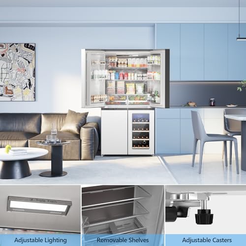 Image of Electactic 21.36 Cu.Ft French Door Refrigerators with Bottom Freezer, Wine Cabinet, Adjustable Shelving, Counter Depth Smart Refrigerator with Touchscreen for Kitchen Home