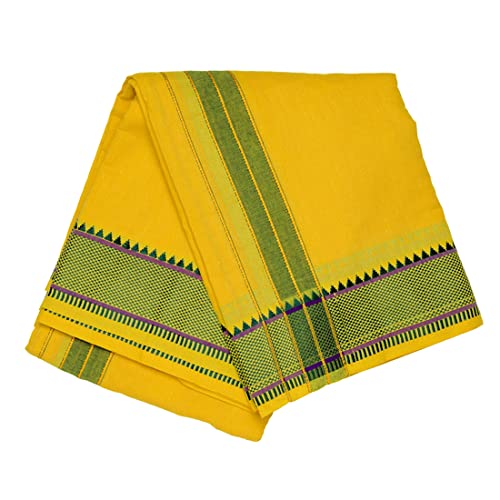 Aditri Creation Set of 2 Yellow Dhooti Cotton Dhoti's, Full Length, Men's Ethnic Wear, White, Single Piece Indian Traditional Pooja Cloth Dhoti with Border Gifts Cover