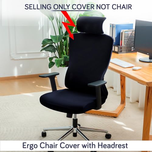 Image of HOKIPO 'SereneSolids' 140 GSM Office Chair Cover with Headrest (High-Back) - 140 GSM Stretch Fabric - Washable, Anti-Slip Fit for Ergonomic Mesh Office Chairs, Navy Blue (AR-5369-NBLU)