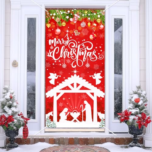 Décoration de porte crèche de Noël rouge pour fête religieuse