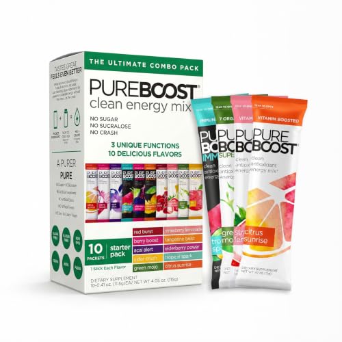 Image of Pureboost Sugar Free Clean Energy & Immune Support Drink Mix Variety Pack, Combo Pack 10 Count, Refreshing Energy Booster with B12 Vitamins, Electrolytes, Antioxidants, Superfoods and No Sucralose
