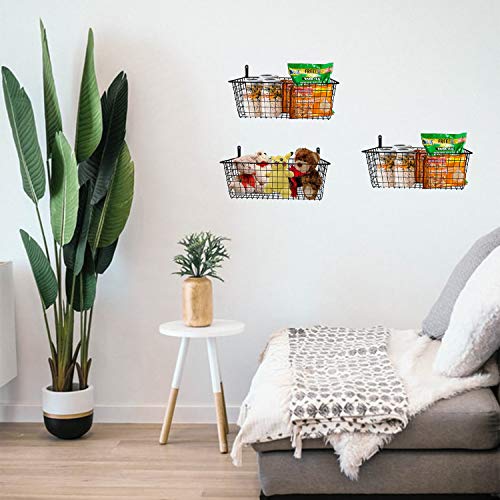 Wall Mounted Metal Wire Basket, Hanging Storage Basket Organizer For Organization And Storage In Kitchen Pantry Bathroom Bedroom Entryway Laundry Room Office Garage, Fruit Basket Set Of 3, Black #TOP3
