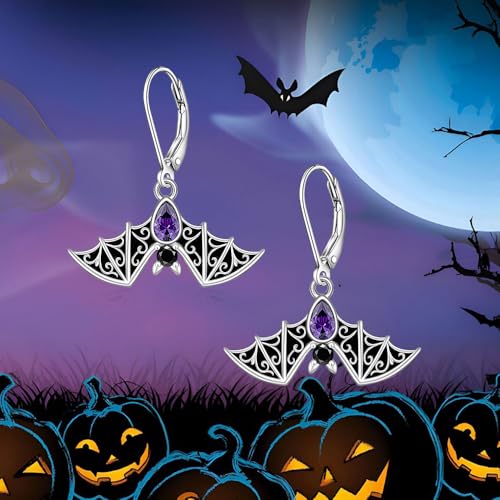 Bat Earrings Halloween Earrings for Women Sterling Silver Black Bat Earring Dangle Gothic Spooky Halloween Jewelry Amethyst4