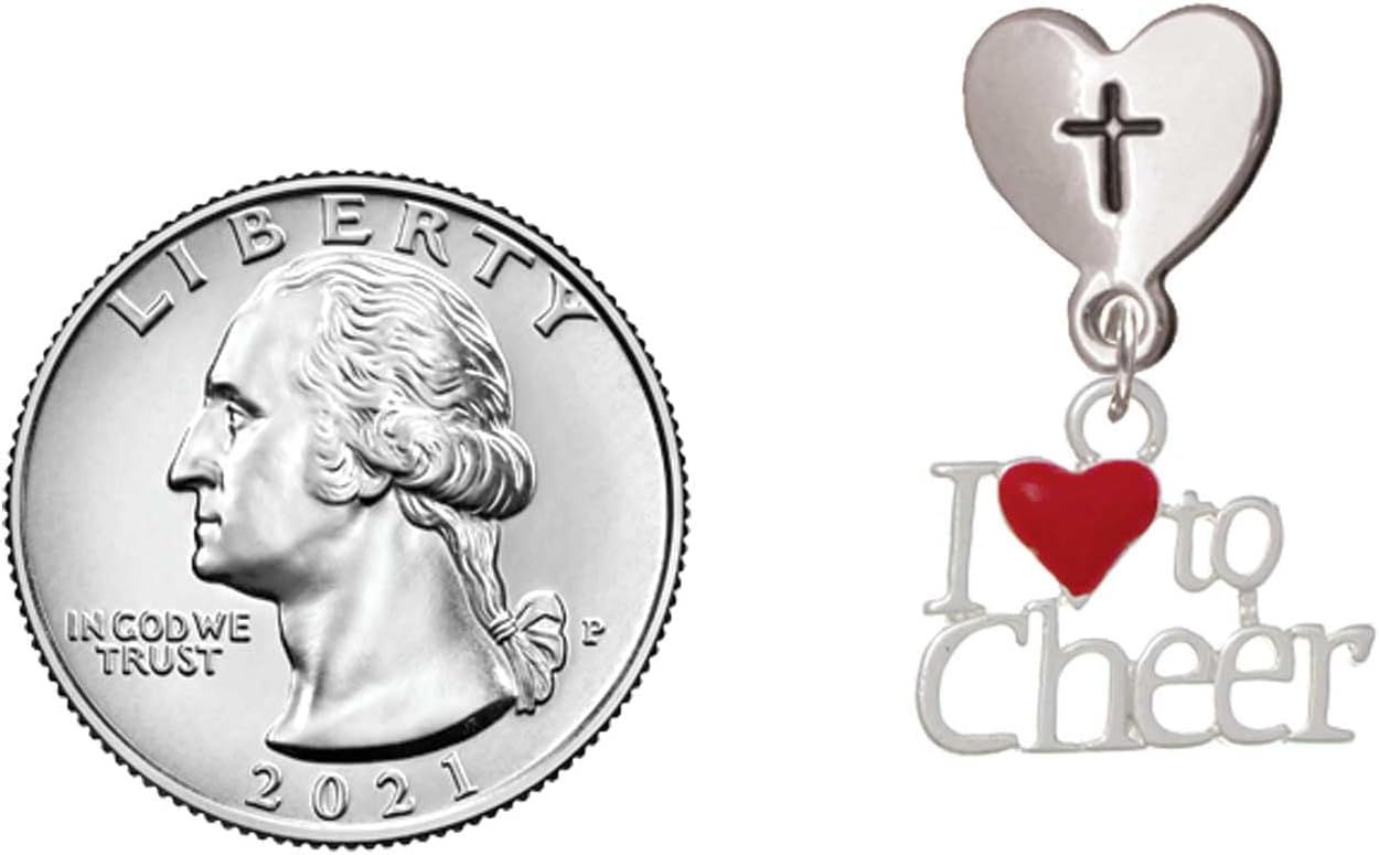Delight Jewelry Silvertone I love to Cheer with Enamel Heart Cross in Heart Post Dangle Earrings