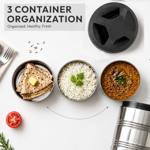 Image of Mumma's LIFE Lunch Box Steel Stainless | 3 Container Multipurpose Dishwasher Safe Tiffin Box for Office Use & School | Silver Finish Meal Carrier for Daily Use
