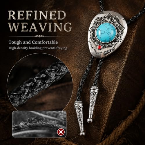 Image of Turquoise Bolo Tie for Men, Leather Braided Necktie Western Cowboy Bola Tie Costume Accessories for Men Women