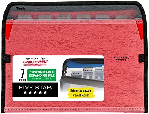 Five Star 7-Pocket Expanding File Organizer, Plastic Expandable File Folders with Customizable Tabs & Clear Cover, Holds 11" x 8-1/2", Zipper Closure, Fire Red (72705)