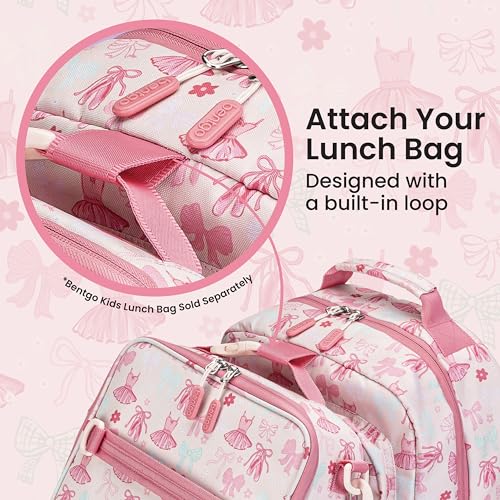Image of Bentgo Kids Print Backpack - Lightweight 14 inch Backpack for School, Travel & Daycare, Ideal for Ages 4+, Durable & Water-Resistant, Roomy Interior, & Loop for Lunch Bag (NEW Ballet & Bows)