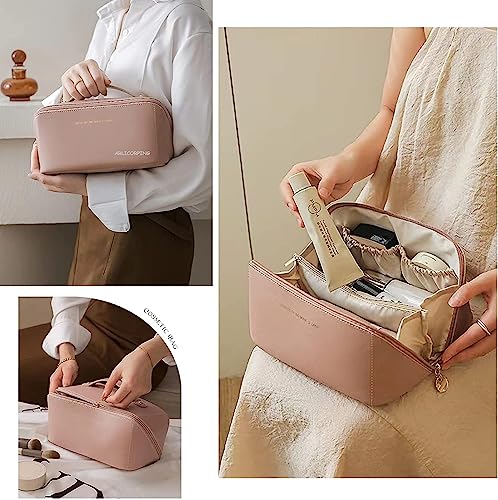 Image of ARLICORPING Large Capacity Cosmetic Travel Bag, Women's Makeup Travel Bag Portable Leather Cosmetics Bag, Makeup Storage Bags with Handle and Divider, Wide Opening Cosmetic Organizer. (Pink)