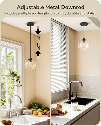 EDISHINE 2-Pack Pendant Light Kitchen Island Clear Glass Globe Black - Image 3