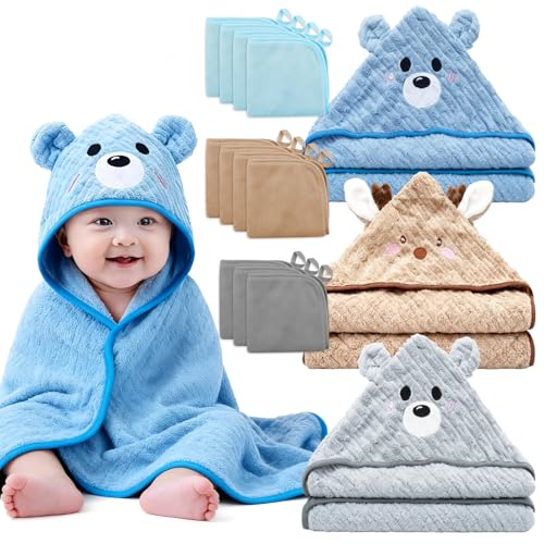 14 PCS Thicken Baby Towels Set, 3 PCS Soft Hooded Baby Towels & 11 PCS Washcloths, Baby Bath Towels for Newborns, Infants & Toddlers, Ultra Absorbent,...